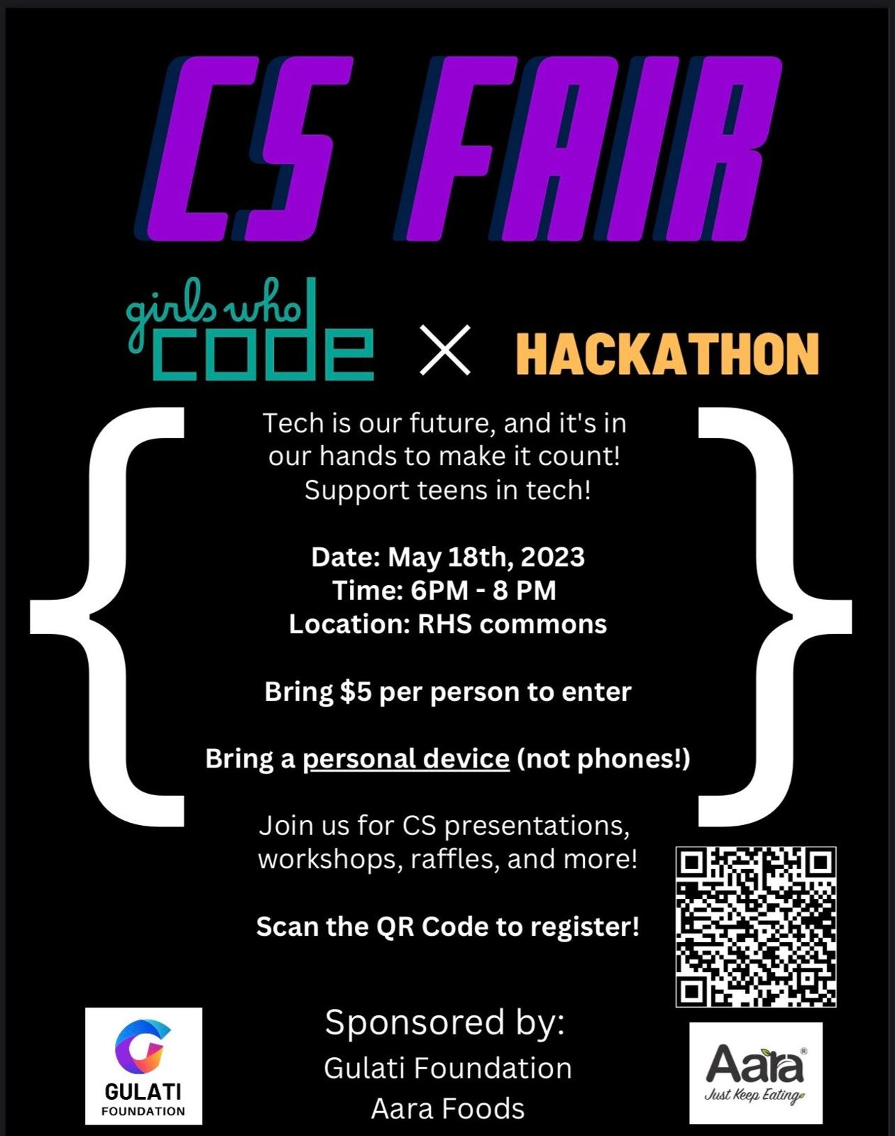 CS Fair flyer: Girls Who Code × Hackathon
